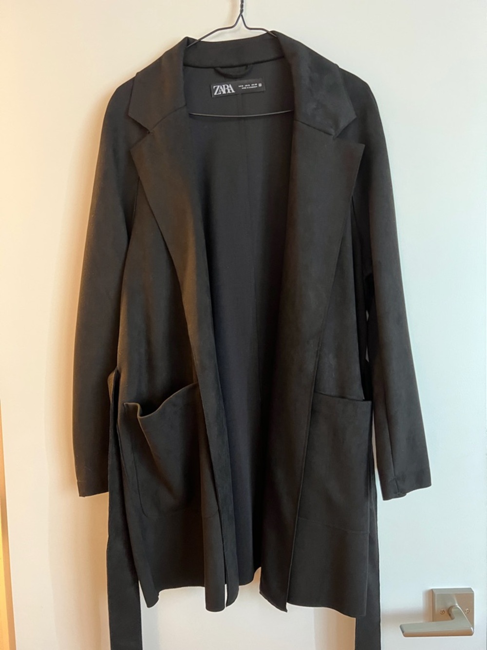 Zara Black Open-Front Long Trench Coat with Belt
